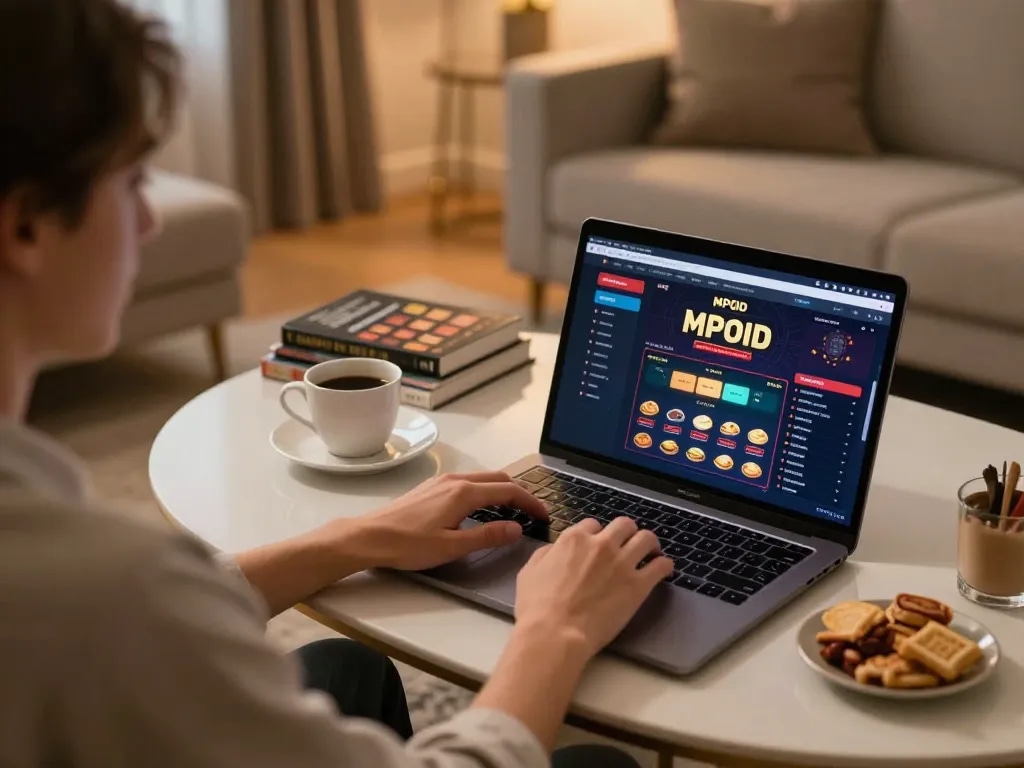 Player enjoying MPOID online gaming, laptop brightly lit in luxury home setting with snacks.