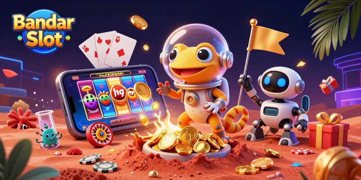Bandar Slot menghadirkan ilustrasi kasino 3D dengan gecko Mars, robot, dan bakteri alien yang merayakan.