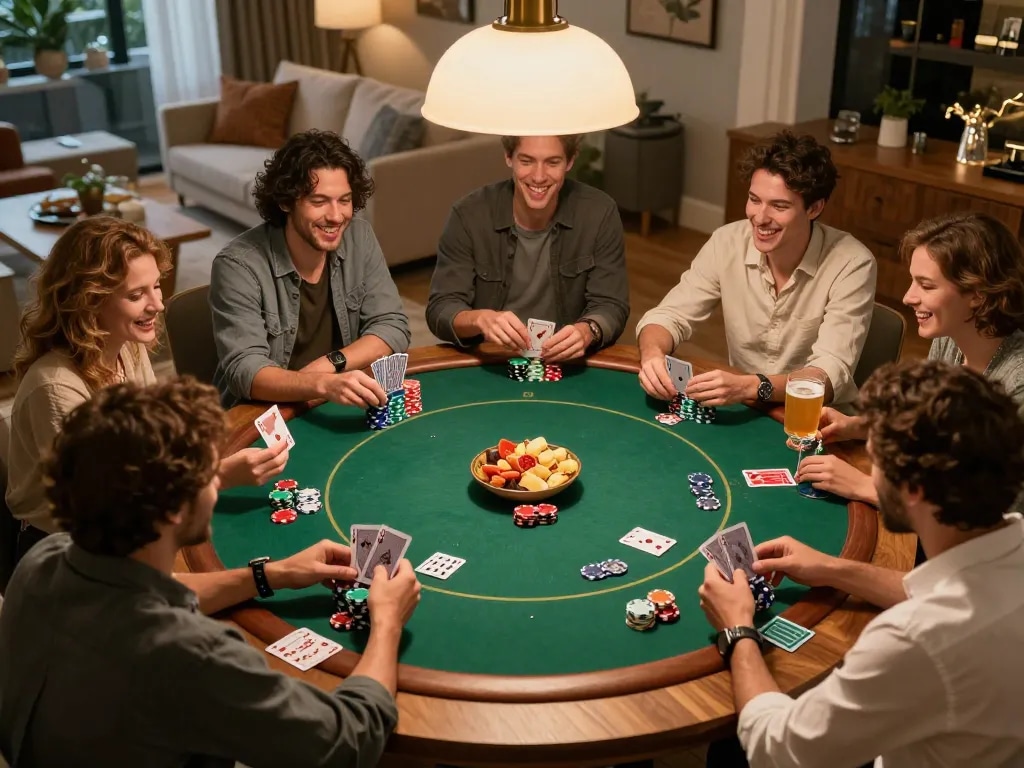 Friends enjoying a poker game at home, showcasing an exciting atmosphere and cm88 gaming experience.