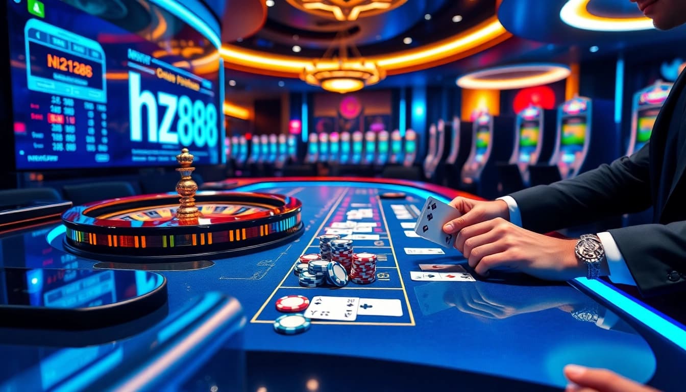 Professional gambler placing strategic hz88 bet chips on an illuminated casino table with live odds screen