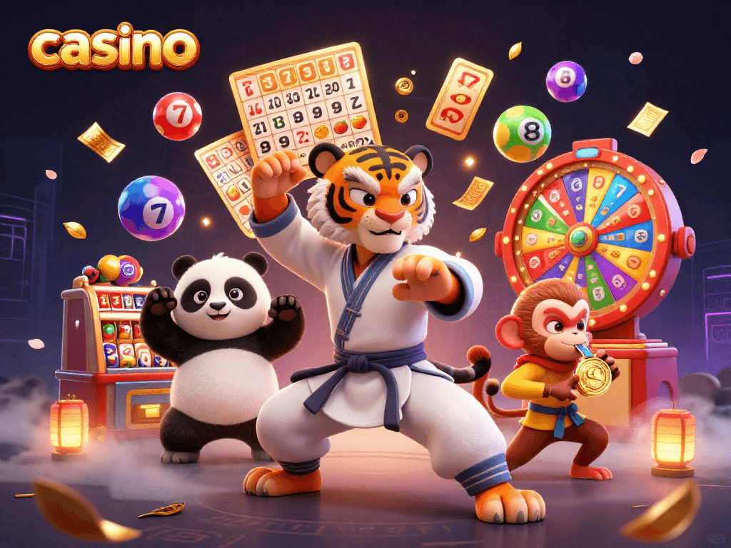 Engaging casino-themed illustration with a kung fu tiger master, panda disciple, and monkey student amidst vibrant gaming elements.