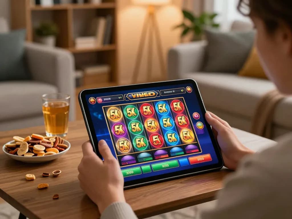 Engaging with slot 5k games on a tablet in cozy home setting, perfect for strategic gameplay