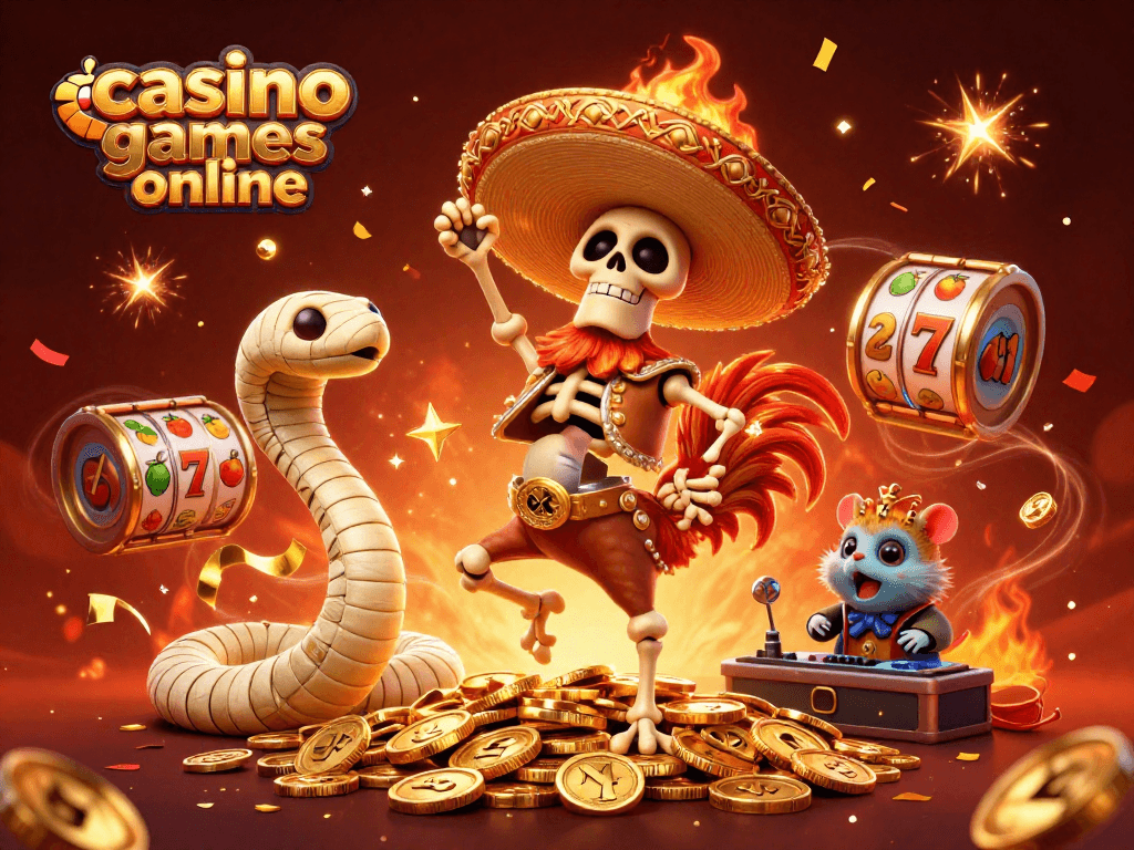 Engaging casino games online scene with colorful characters celebrating amidst slot machines and confetti.