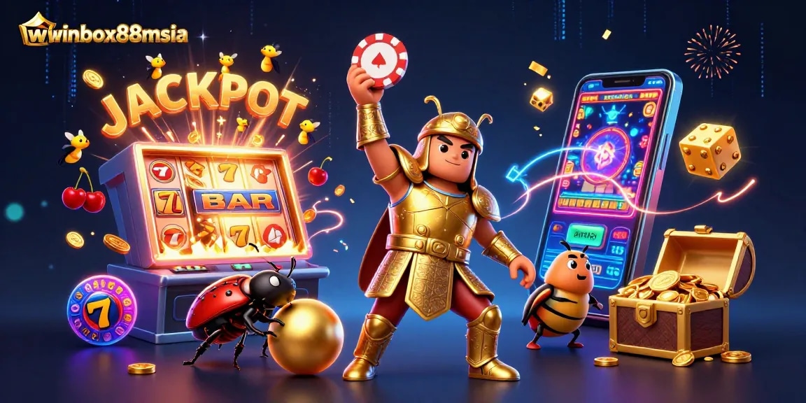 Winbox88msia jackpot scene featuring a heroic beetle, vibrant slot machine, and dynamic gaming elements.
