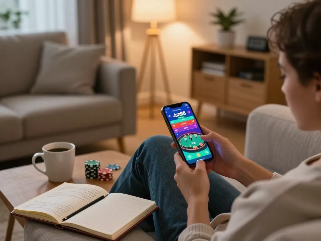Player engages with Jun88 mobile app during an online game night, showcasing strategic elements in a cozy setting.