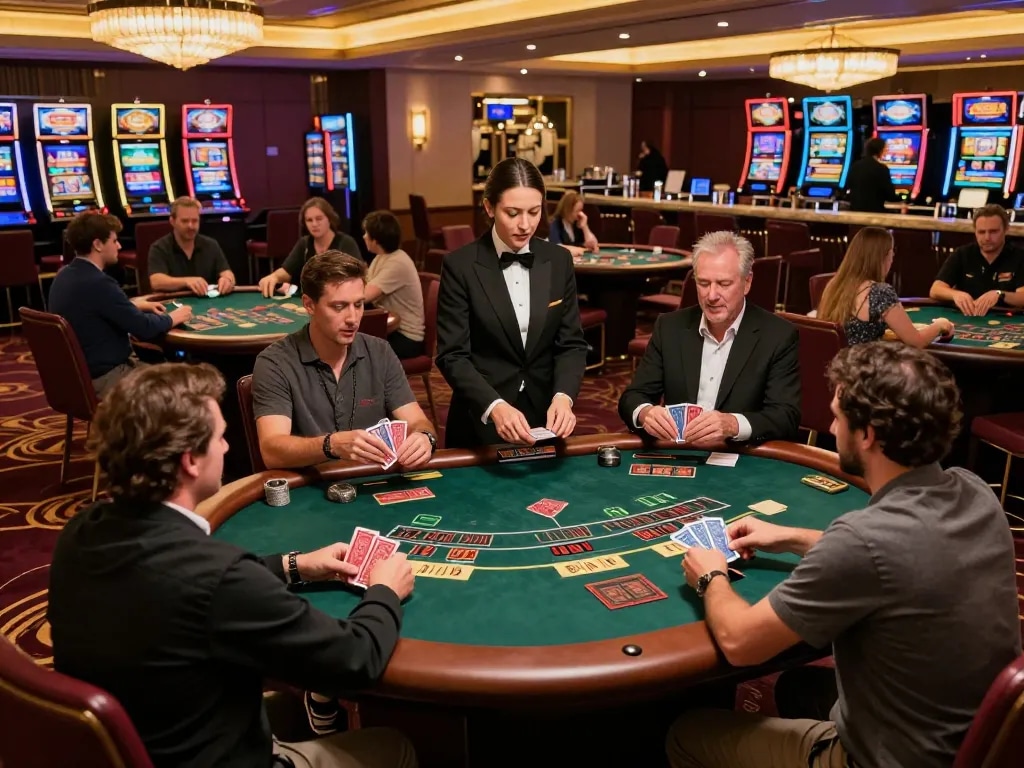 Players engaging in dynamic blackjack action at f8beta2 casino floor, showcasing an upscale gaming environment.