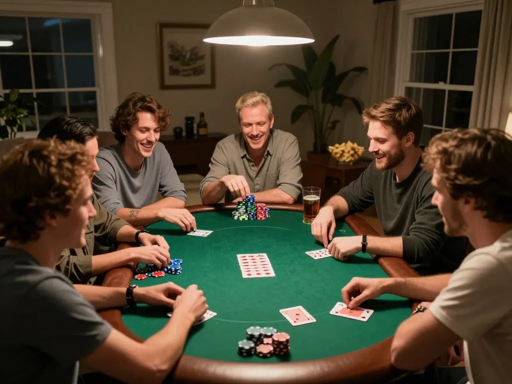 Players enjoying a friendly poker game at home, showcasing the excitement of ufo777 gaming.