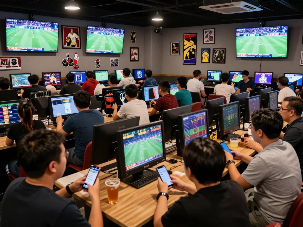 Fans engaging in cược thể thao at a lively betting lounge, showcasing excitement and social interaction.