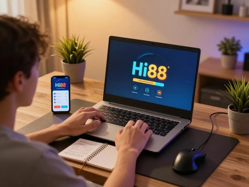 Player engaging with Hi88 online gaming platform on laptop in a cozy home office.