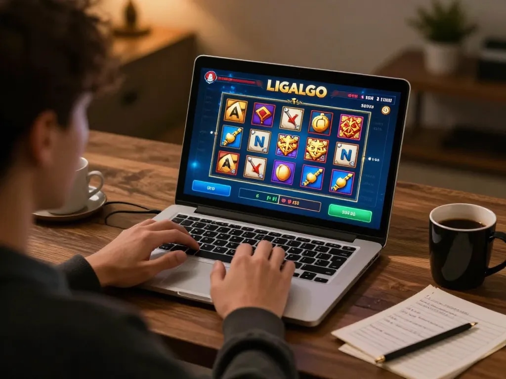 LIGALGO player engaging with an online slot game interface, showcasing a strategic gaming setup