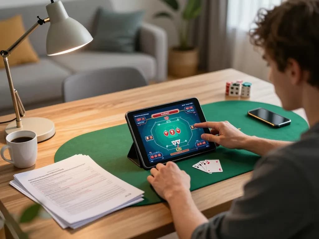 Player enjoying online gambling at ta88 in a cozy home office.