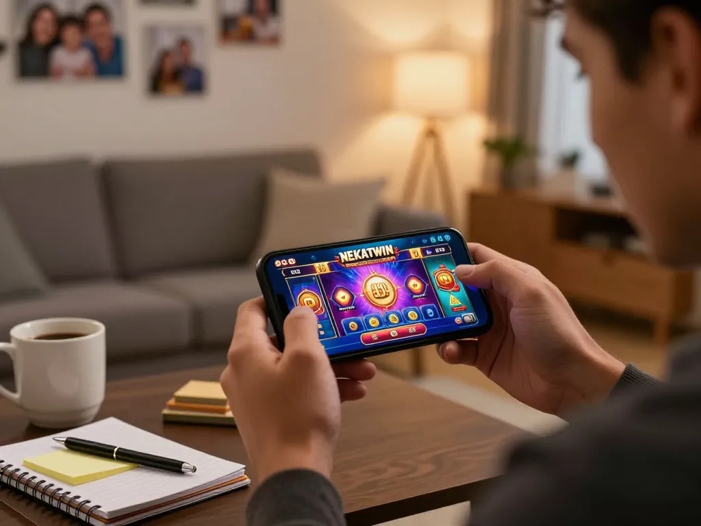 Engaging mobile gameplay on situs gacor nekatwin in a cozy home setting, showcasing strategic betting.