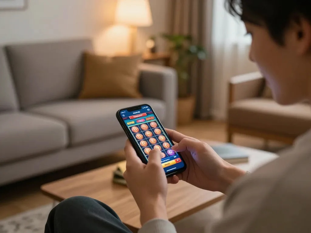 Engaged user playing slots on mobile at home with excitement as they explore tr88 trang chủ