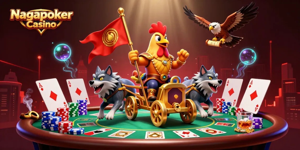 Nagapoker Casino intense poker showdown featuring a cartoon rooster warlord, poker chips, and glowing elements.