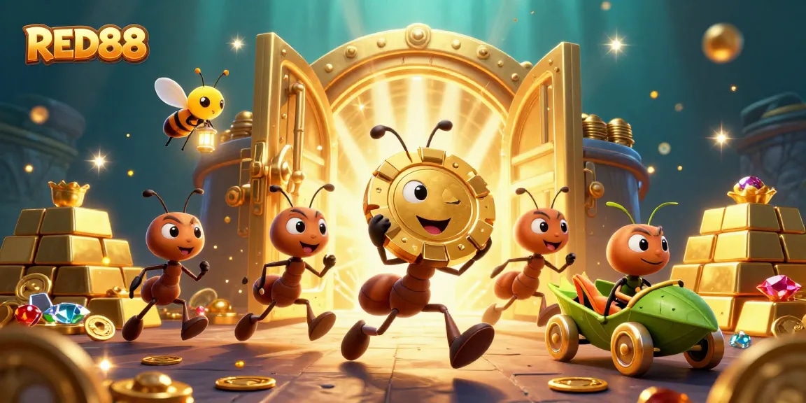 Join the excitement of RED88 as ants execute a gambling heist with a glowing poker chip.