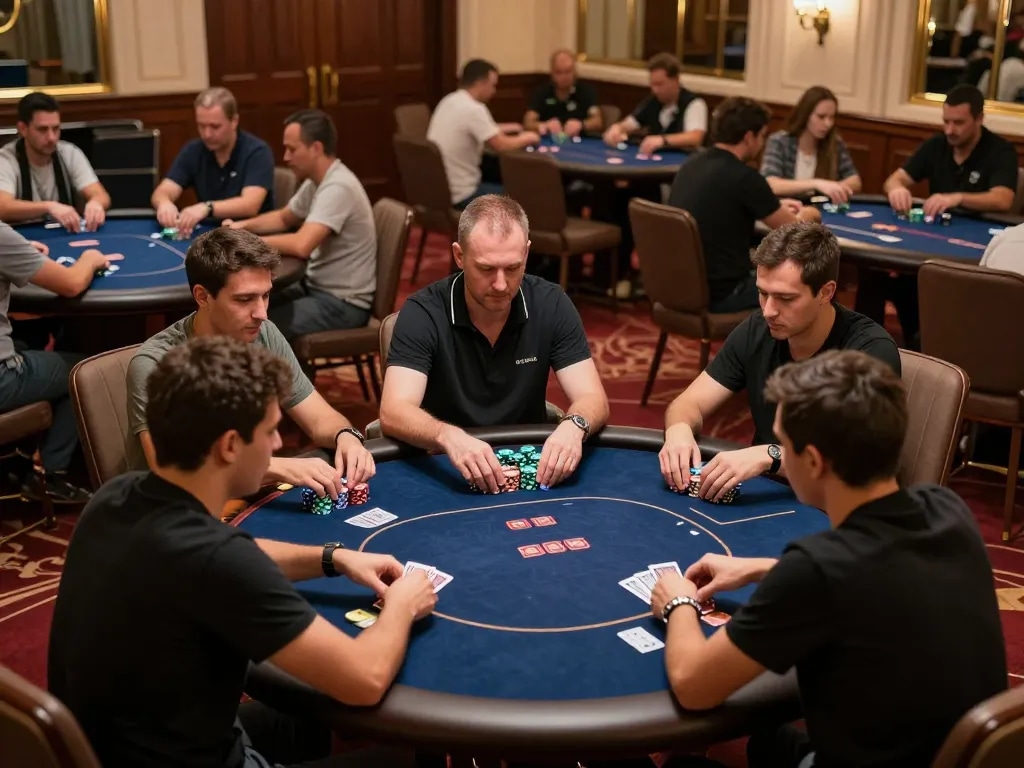Players engaging in a high-stakes poker game at mm88, showcasing strategy and camaraderie in an upscale setting.