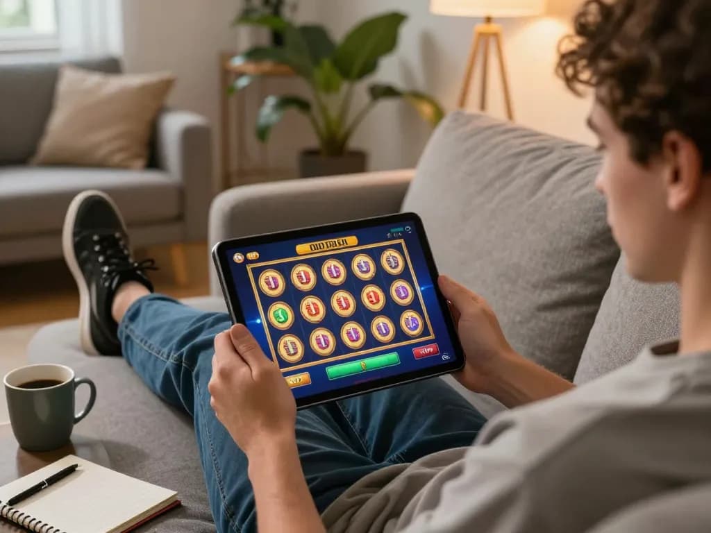 Seorang pemain terlibat dalam permainan slot online aman788 di tablet di ruang tamu yang nyaman.