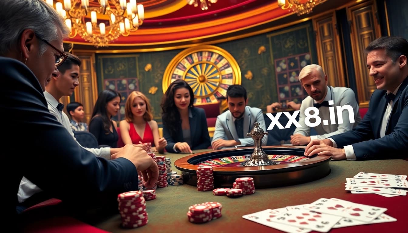 Exciting casino scene with players enjoying poker and roulette at https://xx88.vin/, showcasing thrilling gambling action.