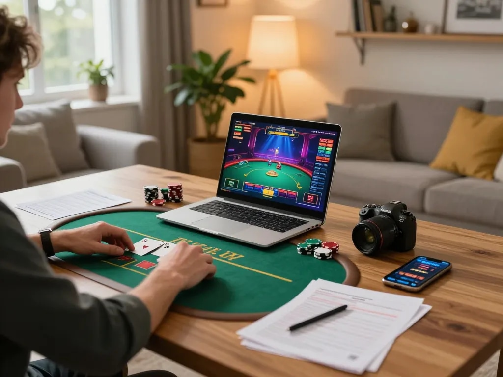 Kuwin user participating in an exciting online poker game, engaged and focused in a comfortable setting.