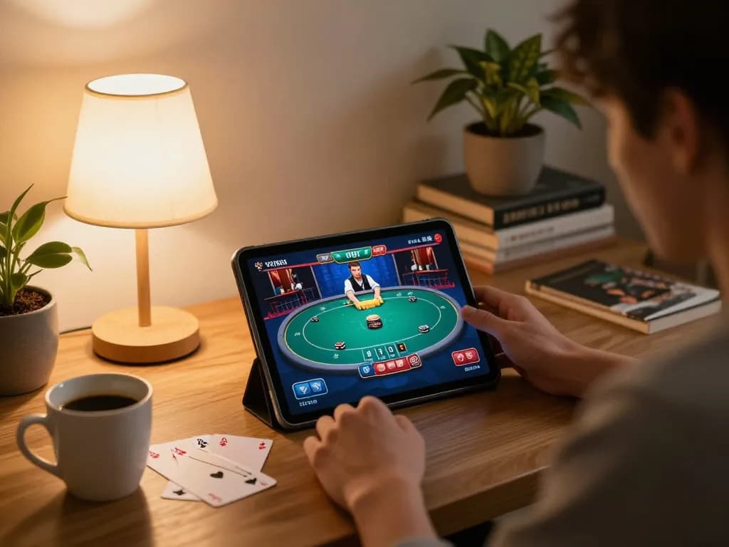Experience exhilarating online Kasino gaming with engaging gameplay shown on a tablet in a cozy setting