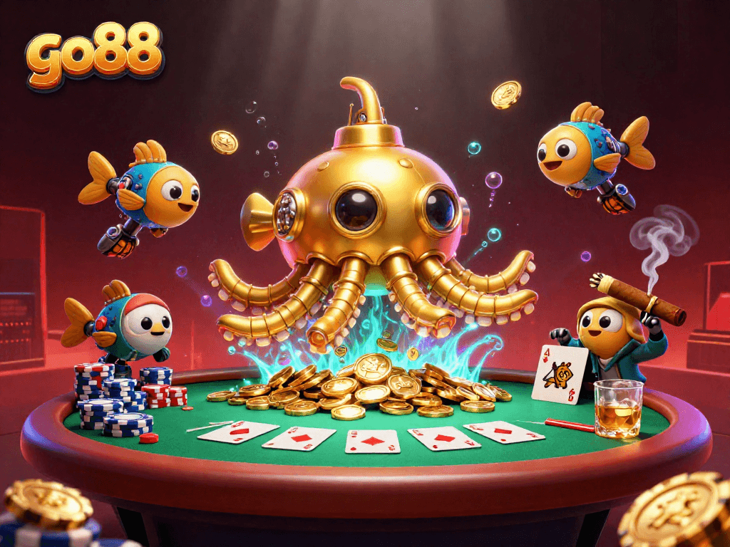 Experience the excitement of go88 with a vibrant poker scene featuring a kraken submarine amidst gold coins.