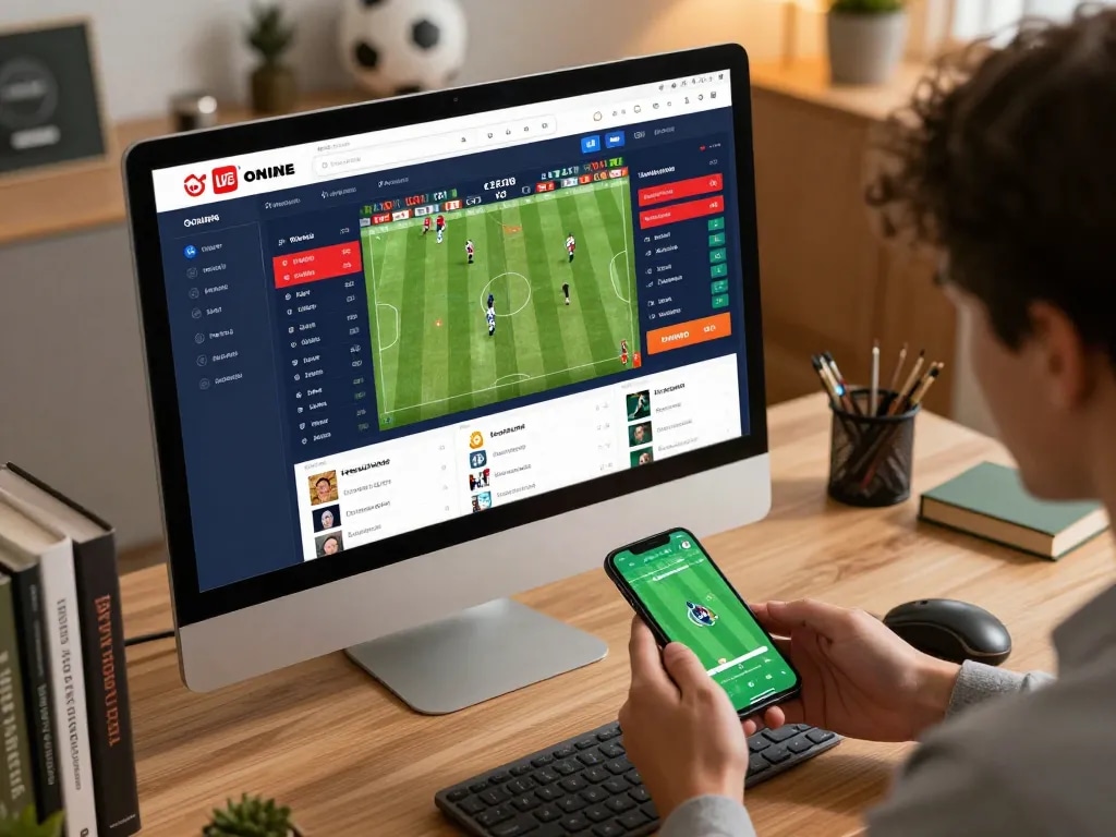 Engaging user placing kèo bóng đá bets on a live sports betting platform from home