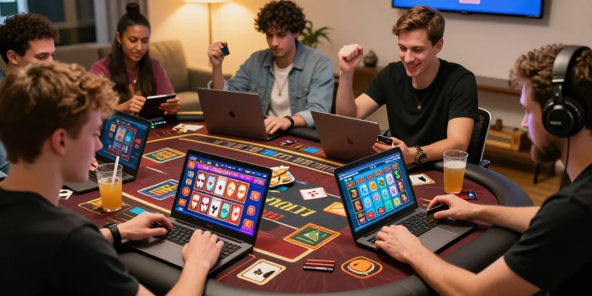 Experience the thrill of credit card casinos uk with players enjoying gaming on devices in vibrant setting.