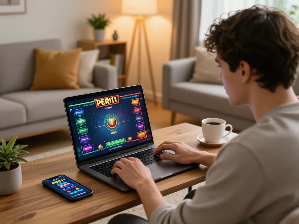 Player enjoying PERI11 online casino game on laptop in a cozy home environment