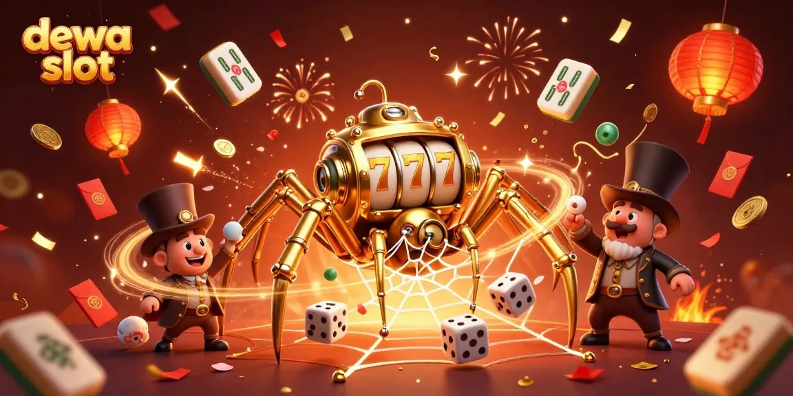 Spin to win at dewa slot with an enchanting 3D illustration filled with casino elements.