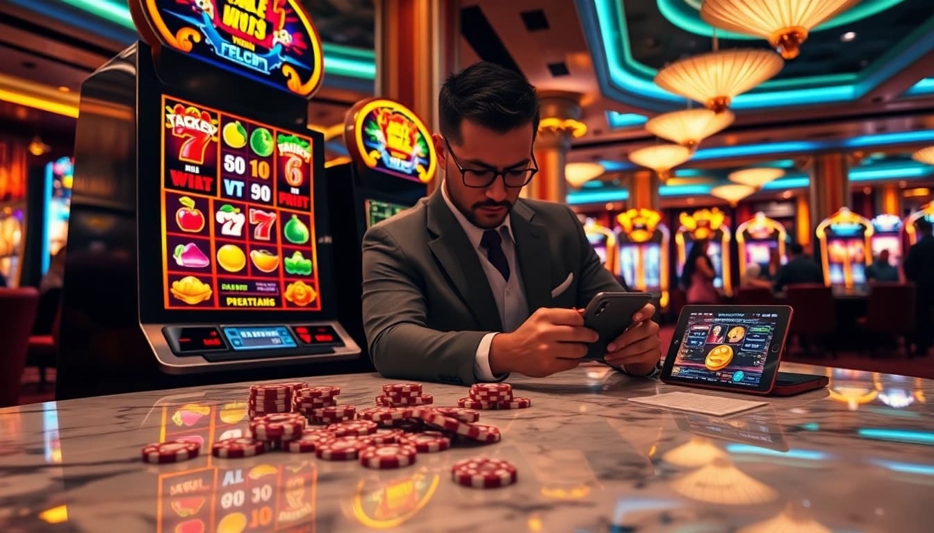 Professional gambler engaging with vibrant game nổ hũ slot machine reels in a luxury casino setting