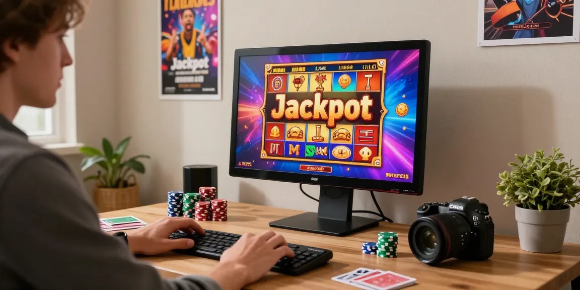 Seorang pemain menikmati pengalaman bermain link slot gacor di ruang kerja yang nyaman dan cerah.