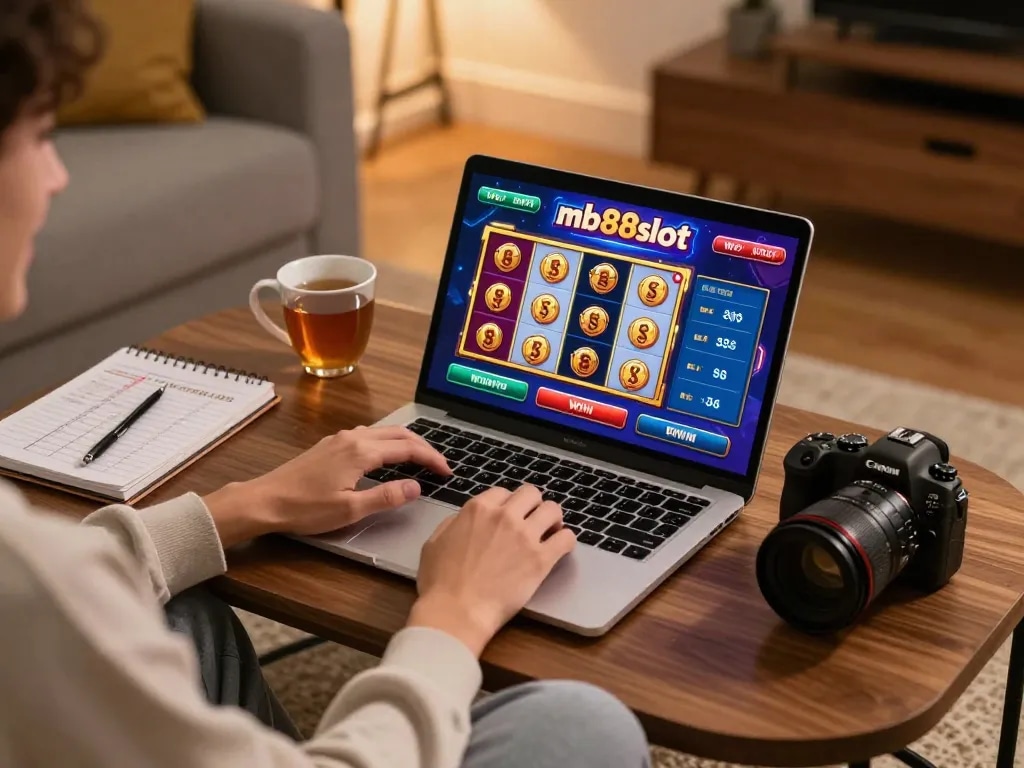 Player enjoying a win on mb88slot gaming interface during cozy online session with notebook and tea.
