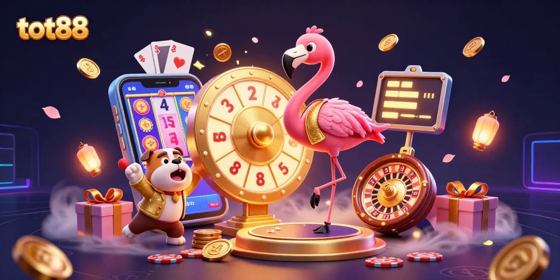 Win exciting prizes at tot88 with a vibrant 3D casino game show scene featuring dynamic characters.