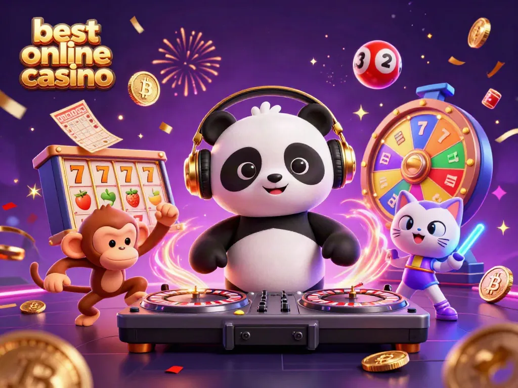 Experience the thrill of the best online casino in a vibrant scene with a DJ panda, breakdancing monkey, and a glowing kitten.