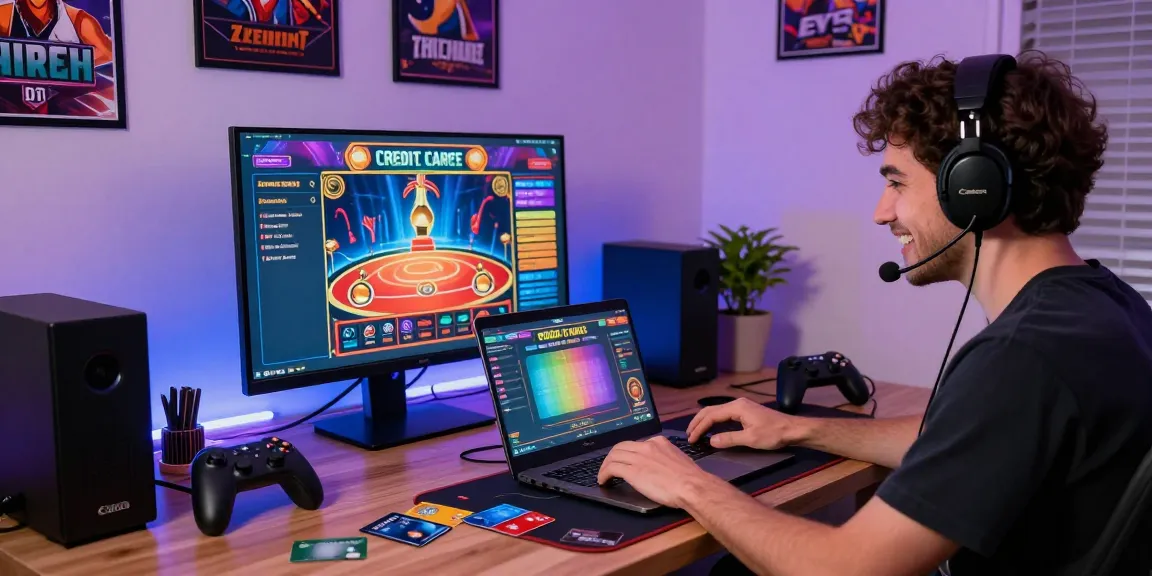 Engaged player gaming at credit card casinos at jumpspace.org.uk, featuring vibrant setup with credit cards, gaming gear, and lively atmosphere.