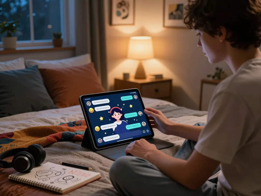User engaging with NSFW AI character chat on tablet in cozy bedroom, inviting atmosphere.