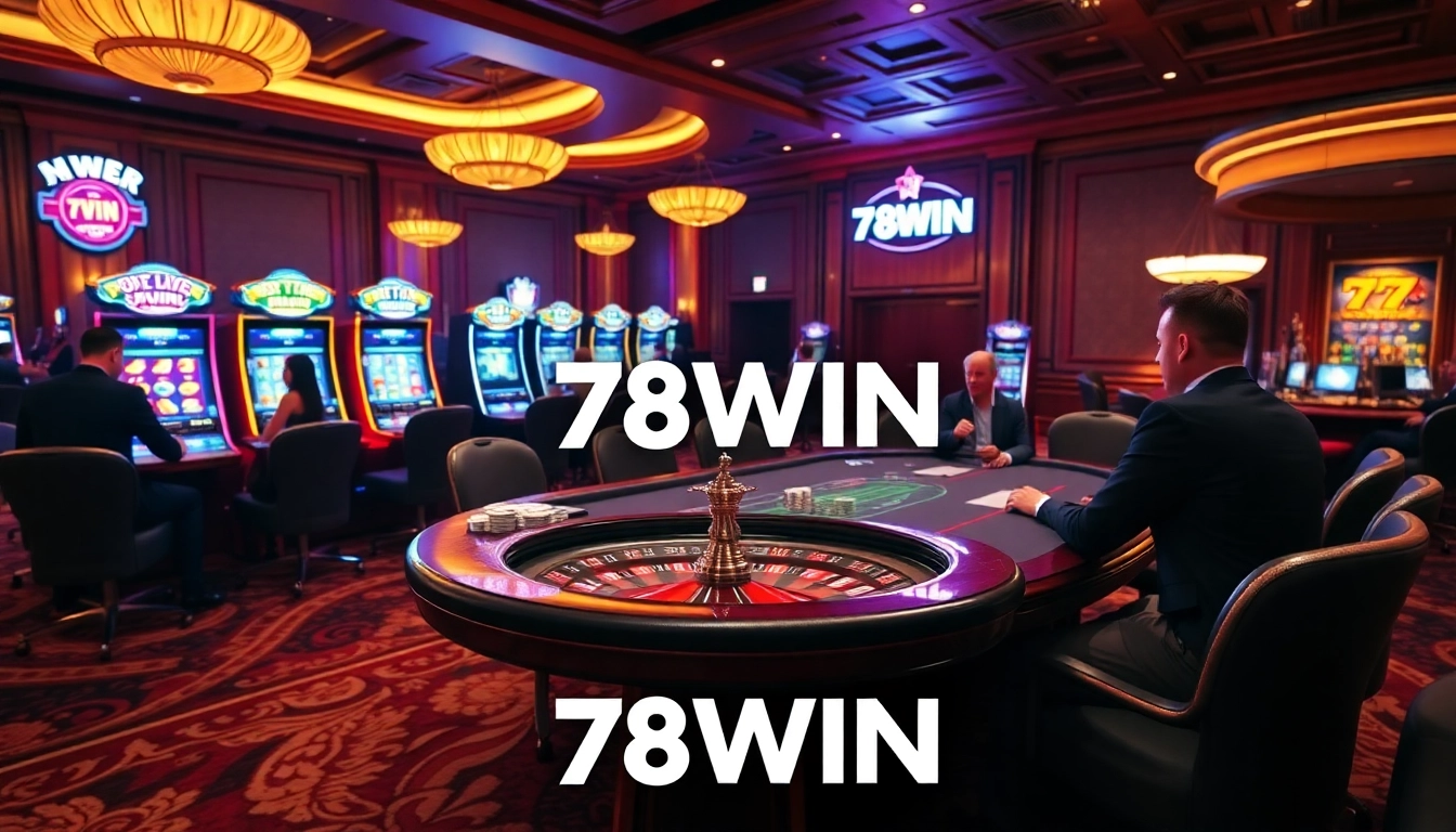 Experience the excitement of 78WIN with luxurious casino visuals featuring poker and roulette.