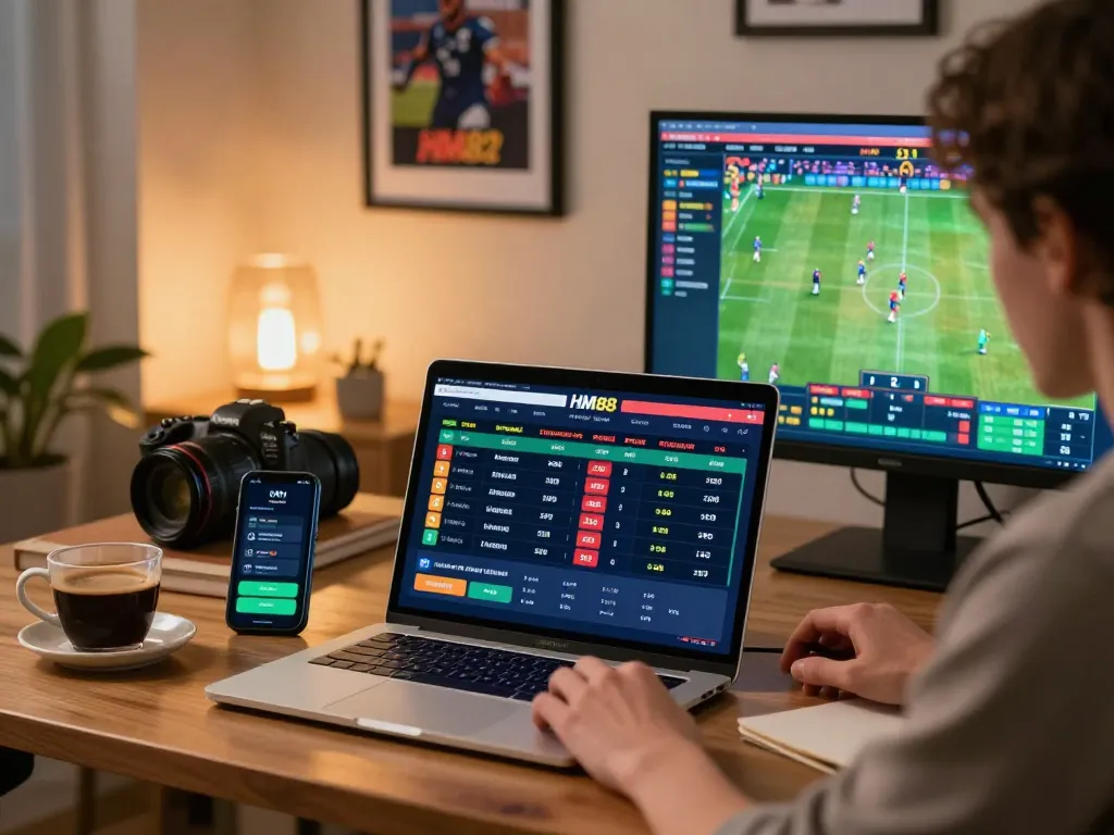 Engaging online betting scene on HM88 platform with dynamic sports graphics and user interaction.