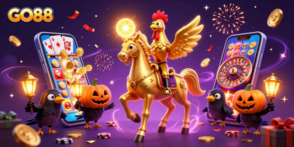 GO88 engages players with an exhilarating casino adventure, showcasing vibrant slot reels, glowing characters, and dynamic action.