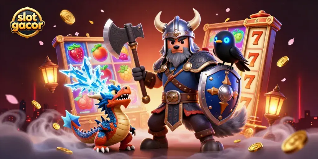 Experience thrilling slot gacor gameplay in an ultra-detailed 3D scene featuring vibrant slot reels and dynamic characters.