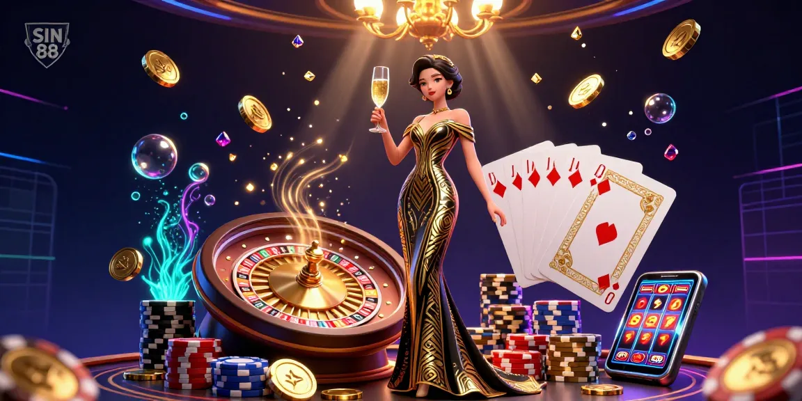 SIN 88 gambling scene showcasing an elegant woman amid sparkling elements and a roulette wheel.