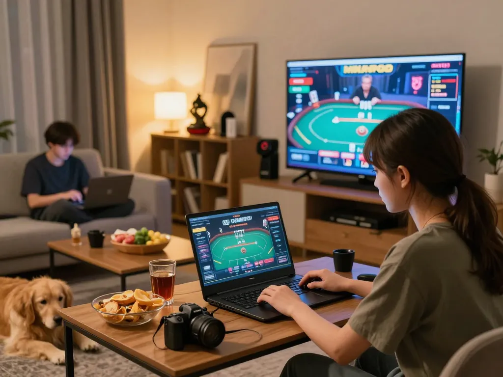 MPO08 players engaging in an online poker tournament with dynamic interfaces in a cozy home setting.