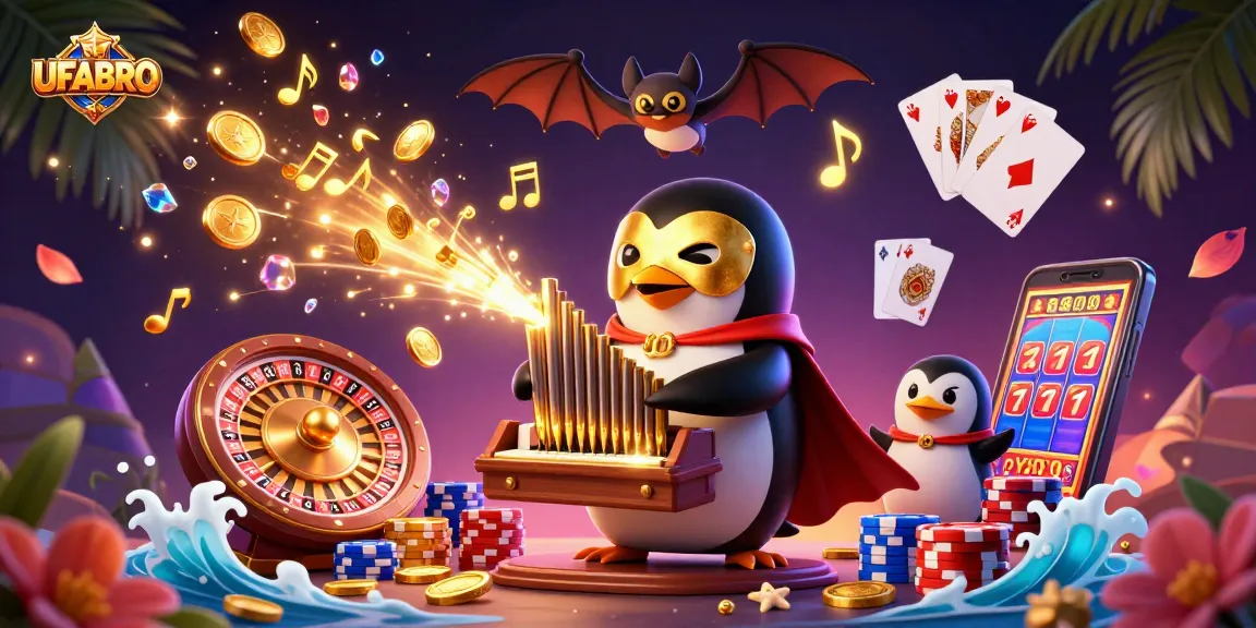 Experience the exciting world of UFABRO with a 3D penguin organist surrounded by casino magic!