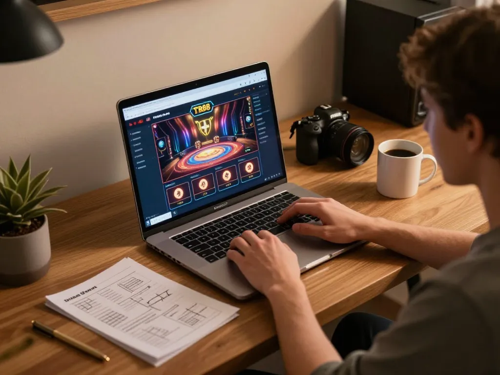 Engaging in strategic online gaming with TR88 interface displayed on laptop screen.