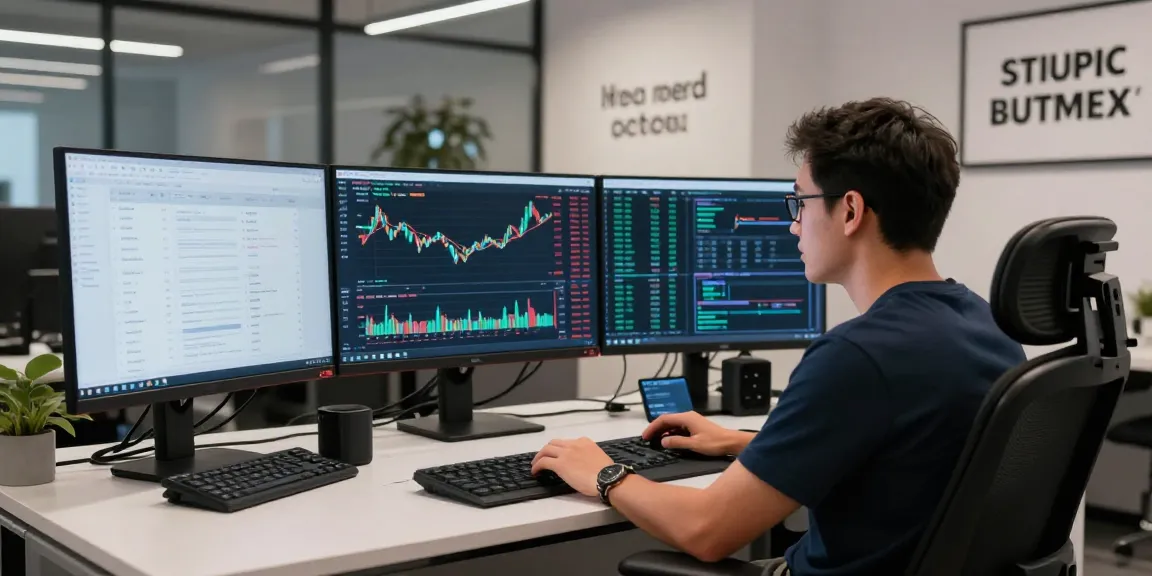 Торговля на криптобирже BitMEX с несколькими экранами и современным оформлением офиса