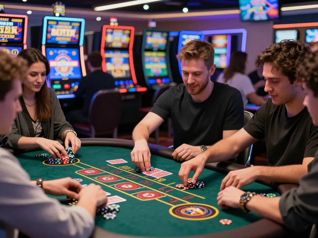 Excited players engaging in online casino games at 32win.com, celebrating a vibrant gambling atmosphere.