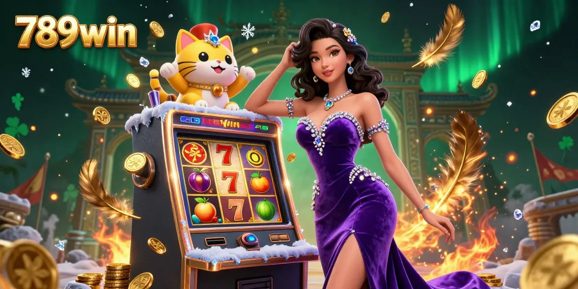 Engage with exciting slots at 789win featuring a jackpot scene with a glamorous woman and a fortune cat.