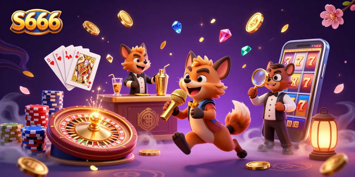 S666 hyenas run a lively comedy casino club with vibrant game elements and golden coins flying around.