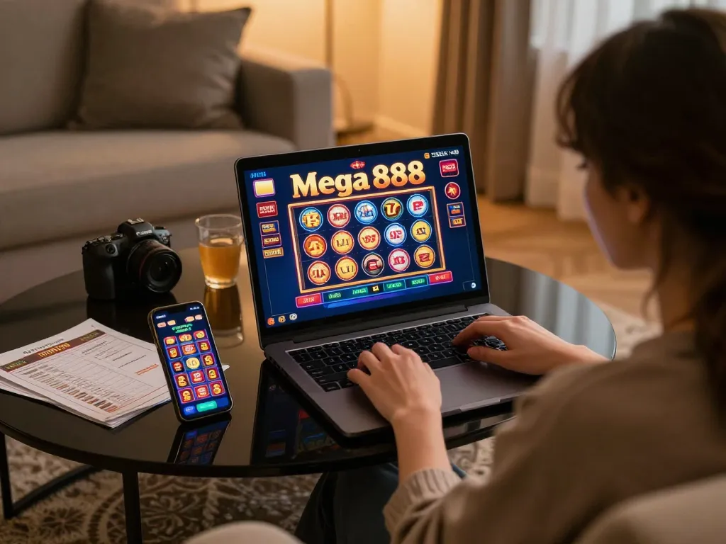 Playing Mega888 for free credit in a cozy home setting, highlighting smooth online gaming
