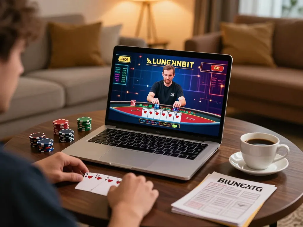 Player enjoying live dealer Blackjack on https://gg888.world/ from a cozy home setting, showcasing responsible gambling.